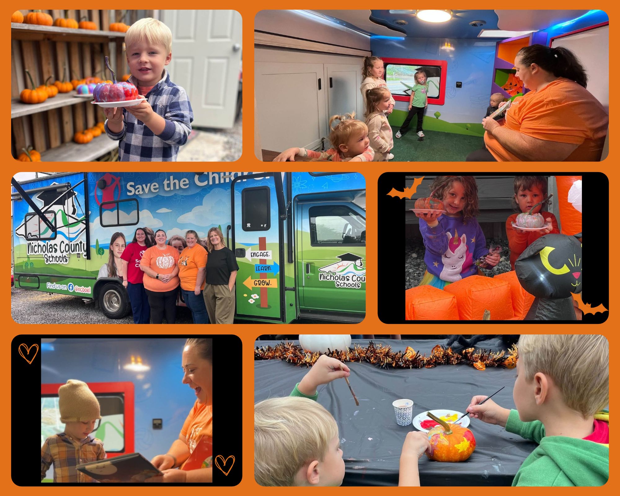 A collage of the NCLA Pumpkin Painting event featuring children painting pumpkins and adults reading to children.